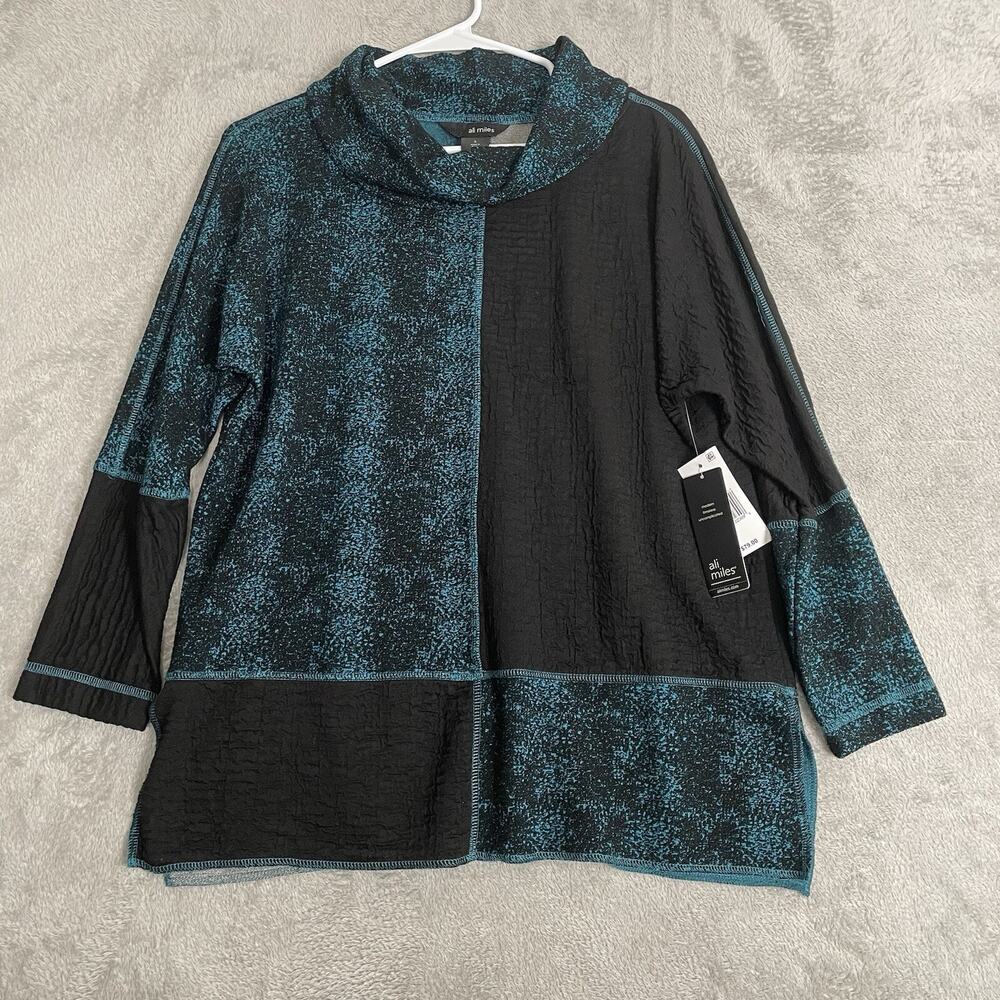 Ali Miles Top Women Small Green Black Cowl Neck Color Block Speckled Crinkle New